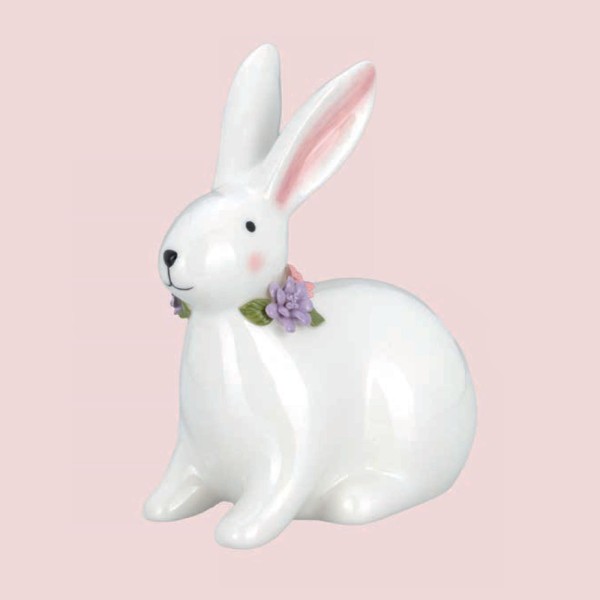 Weißer sitzender Keramik Deko Osterhase mit Blumen 17.6 cm zum Stellen