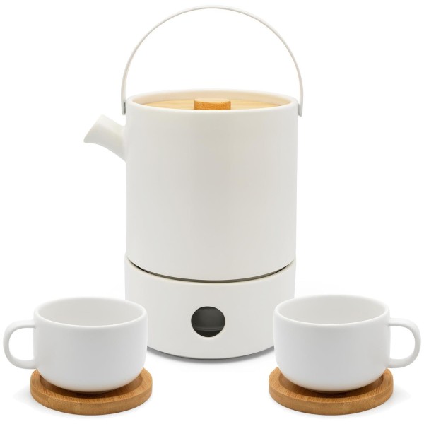 Bredemeijer weißes Keramik Teekannen Set 1.2 L mit Teewärmer & 2 Teetassen