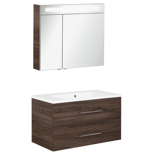 Fackelmann braunes Badmöbel Set B.Clever 2-tlg. ca. 90 cm inkl. LED Spiegelschrank