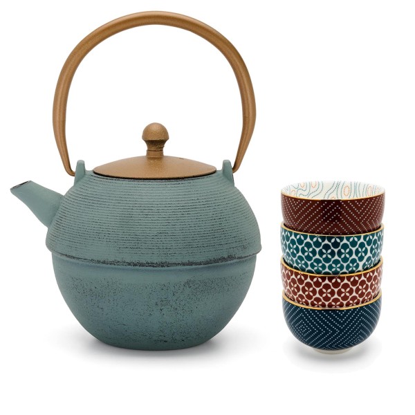 Bredemeijer Asia Teekannen Set 1.2 Liter blau Gusseisen mit 4 Porzellan Becher