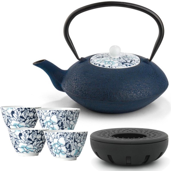 Bredemeijer große blaue gusseiserne Teekanne 1.2 Liter Set mit Teewärmer & Porzellan Becher