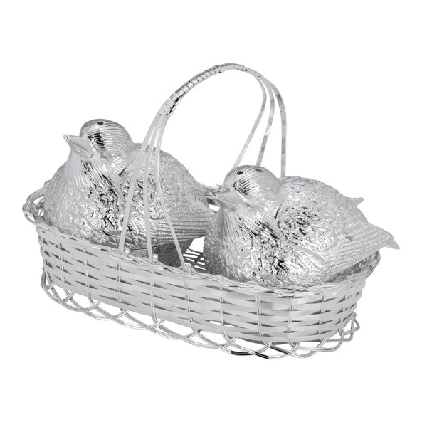 Salzstreuer & Pfefferstreuer Set 2-teilig versilbertes Streuer Paar - Spatzen im Korb