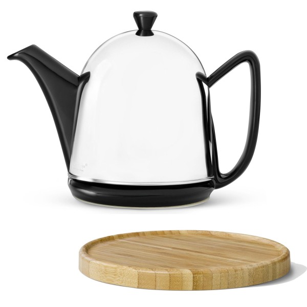 Bredemeijer schwarze Keramik Teekanne mit Sieb 1 Liter glänzend & Holzuntersetzer barun