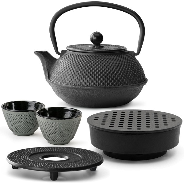 Bredemeijer Asia Teekanne 0.8 Liter Gusseisen schwarz im Set mit Teewärmer, Untersetzer & 2 Becher grün