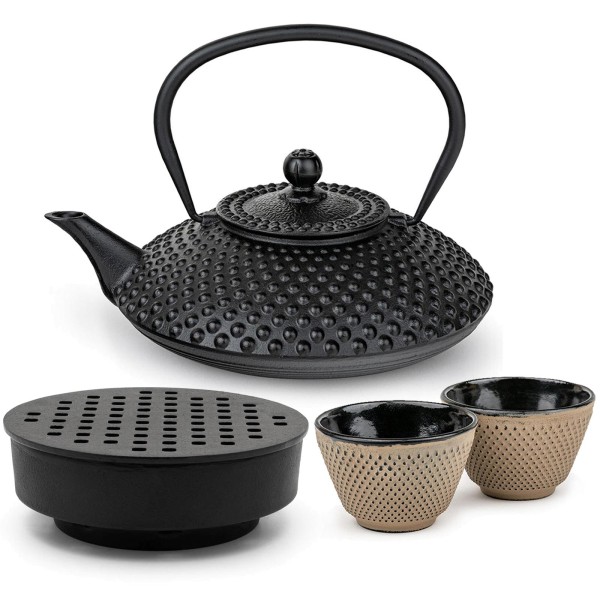 Bredemeijer Asia Teekanne 1.25 Liter schwarz Gusseisen Set mit sandfarbenen Bechern & Teewärmer 2