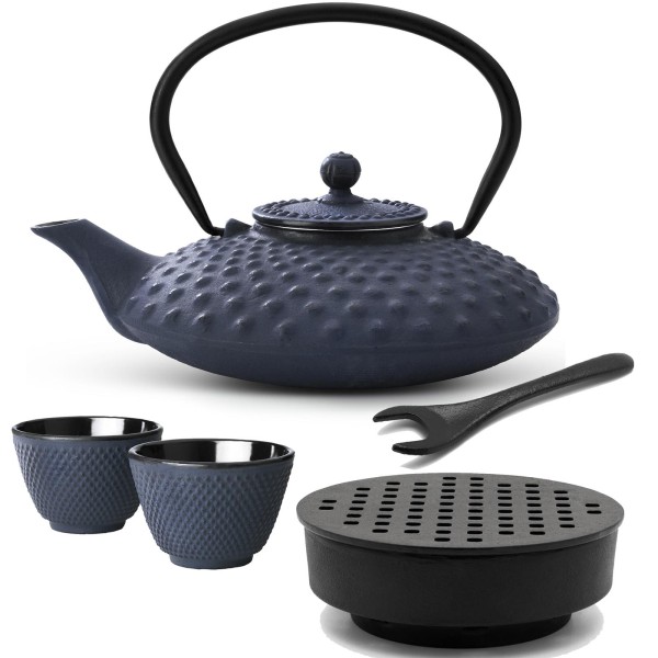 Bredemeijer blaues Asia Gusseisen Teekannen Set 0.8 Liter - Teebereiter mit Deckelheber & Stövchen & Teebecher