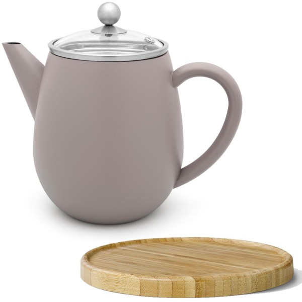 Bredemeijer doppelwandige graue Teekanne 1.1 L mit Glasdeckel & braunem Holzuntersetzer