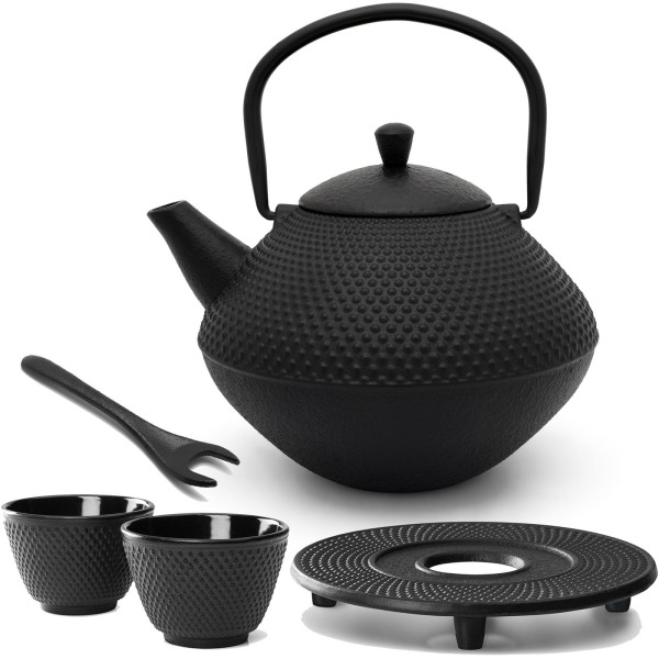 Bredemeijer Gusseisen Tee Set 1.0 Liter - schwarze Teekanne mit Untersetzer & Deckelheber & Teetassen 2 Stück