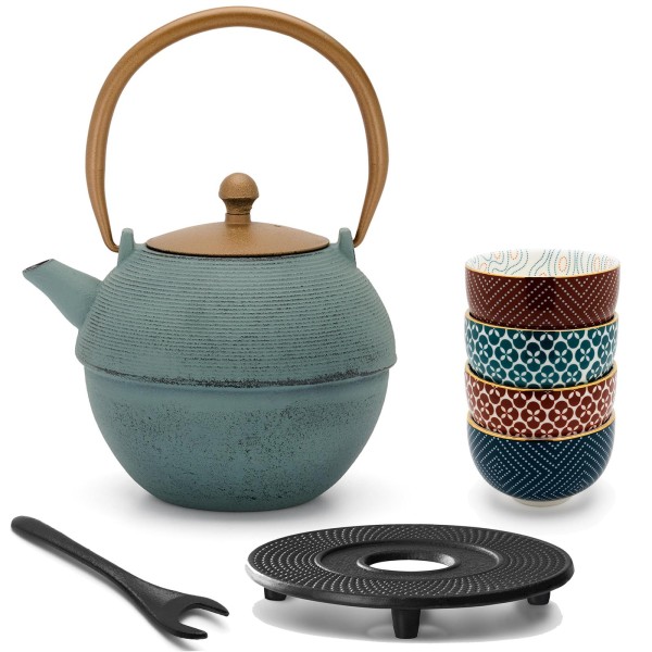 Bredemeijer Asia Teekannen Set 1.2 Liter blau Gusseisen mit 4 Porzellan Becher & Untersatz & Deckelheber