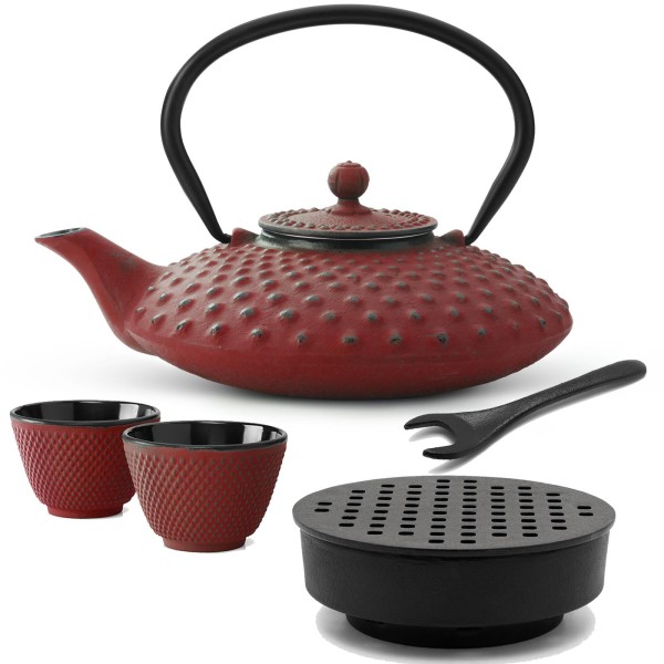 Bredemeijer rotes Asia Gusseisen Teekannen Set 0.8 Liter - Teebereiter mit Deckelheber & Stövchen & Teebecher