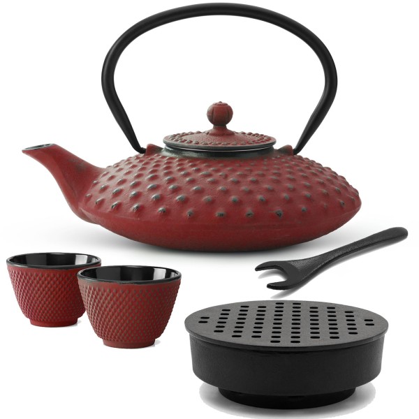 Bredemeijer rotes Asia Gusseisen Teekannen Set 0.8 Liter - Teebereiter mit Deckelheber & Stövchen & Teebecher