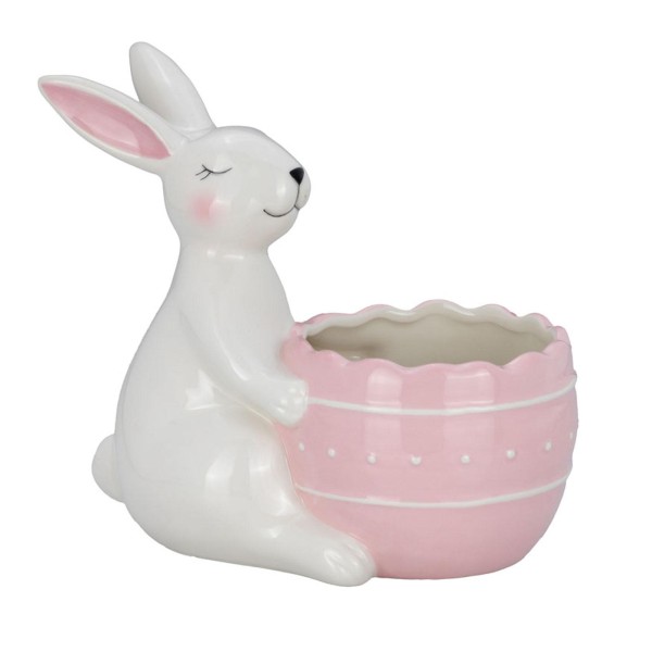 Kleiner weißer Deko Osterhase mit rosa Keramik Blumentopf auch zum Befüllen