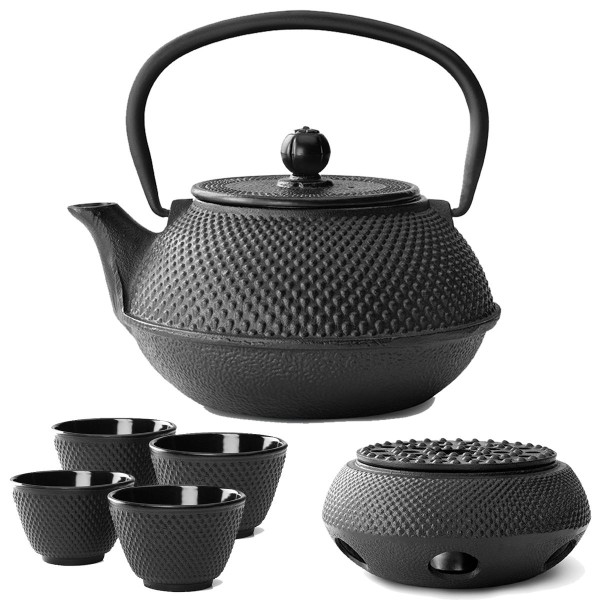Teekanne Set Gusseisen Teekessel 0,8 Liter mit Stövchen und 4 Teebecher schwarz