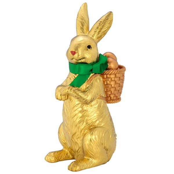Osterhase Dekofigur 20.8 cm aus Kunststein in Gold Hase mit Eier-Rückenkorb & grüner Schleife - Art.-Nr. 6560