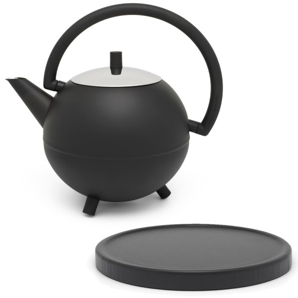 große schwarze doppelwandige Edelstahl Teekanne 1.2 L & schwarzer Holzuntersetzer