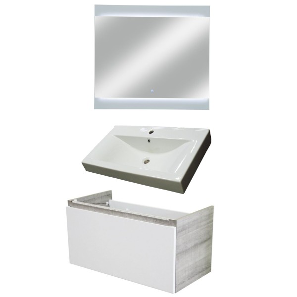 Fackelmann Badmöbel Set Piuro 3-tlg. 85 cm weiß inkl. LED Spiegelelement