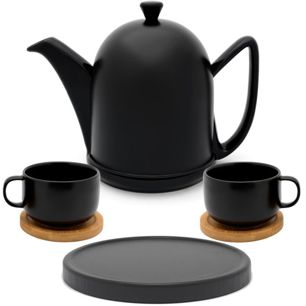Bredemeijer schwarze Teekanne matt Keramik Set mit Teetassen inkl. Untersetzer & Kannenuntersatz schwarz 2