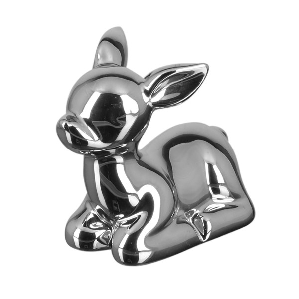 Fink kleines liegendes Deko Rehkitz aus Porzellan 5 x 9 x 7 cm silberfarbene Dekofigur - Art.-Nr. 129003