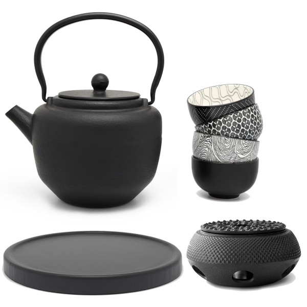 schwarzes asiatisches Guss Teekannen Set 1.3 Liter mit schwarzem Holzuntersetzer Stövchen & Becher