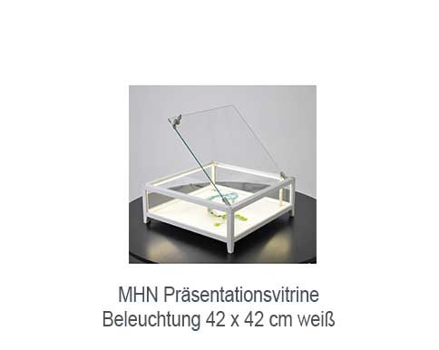 kleine flache Tisch Präsentationsvitrine beleuchtet mit Schloss 42 cm weiß 