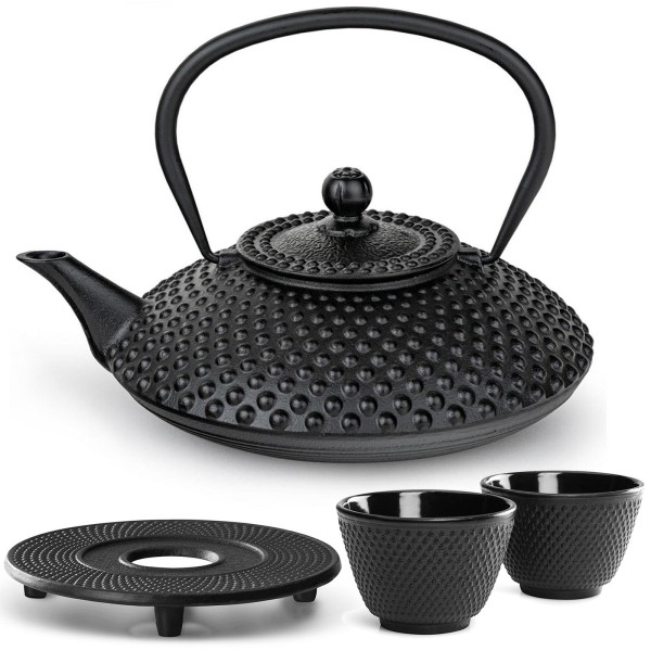 Bredemeijer Teekannen Set schwarze 1.25 Liter Gusseisen Kanne Induktion mit Untersetzer & Teebecher 2