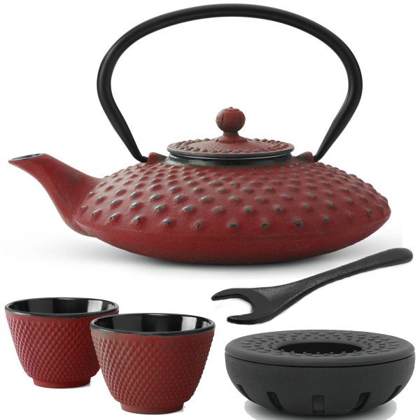 rotes asiatisches Teekannen Set Gusseisen Teewärmer & 2 Teebecher & Deckelheber 0,8 Liter