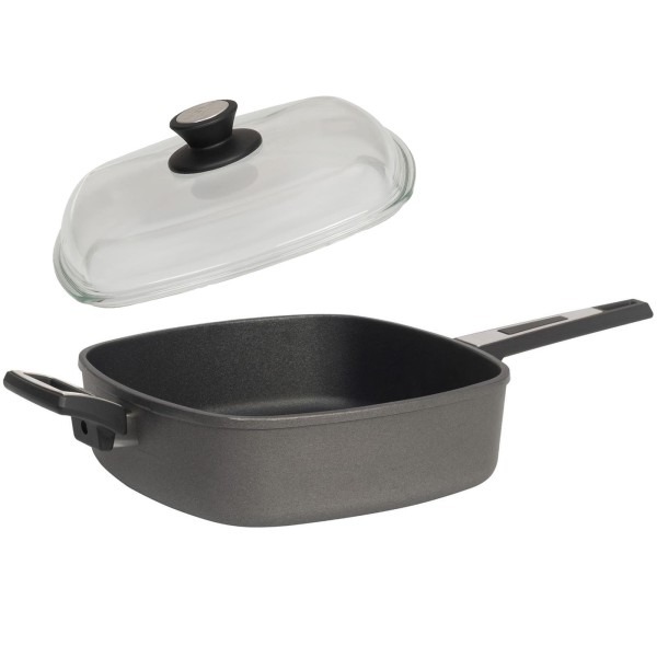 SKK Eck-Grillpfanne 28 cm Induktion Bratpfanne Aluguss beschichtet & Gegengriff Deckel Vollglas