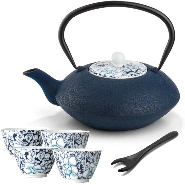 Bredemeijer blaue asiatische Teekanne Gusseisen 1.2 Liter Deckelheber & Becher