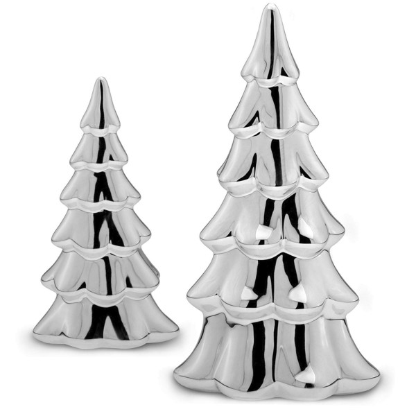 Deko Tannenbaum im 2er Set 25 & 15 cm hoch silberglänzende Bäume aus Porzellan