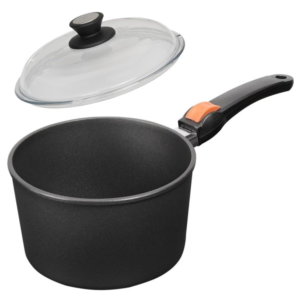 SKK Guss Stieltopf 16cm Induktion Antihaft beschichtet Soßentopf Griff abnehmbar Deckel Vollglas