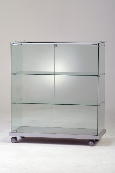 Messetheke Vitrine Glas abschließbar für Ausstellung beleuchtet & rollbar 80x40 cm - Art.-Nr. SVT8040-mb-r