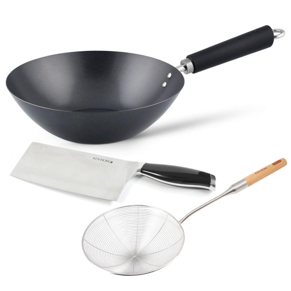 Ken Hom 3-tlg. Wok Set Induktion 27 cm Karbon Antihaft mit Schaumlöffel & Hackmesser