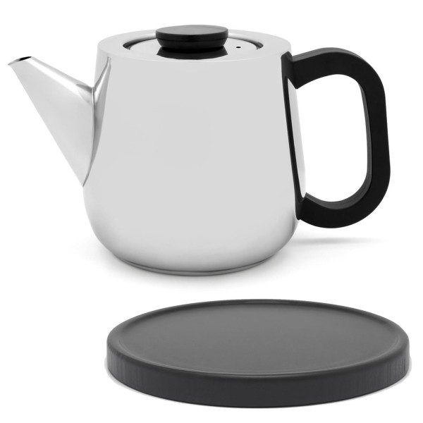 Bredemeijer einwandige Edelstahl Teekanne 1.0 L mit Teefilter & schwarzer Untersetzer