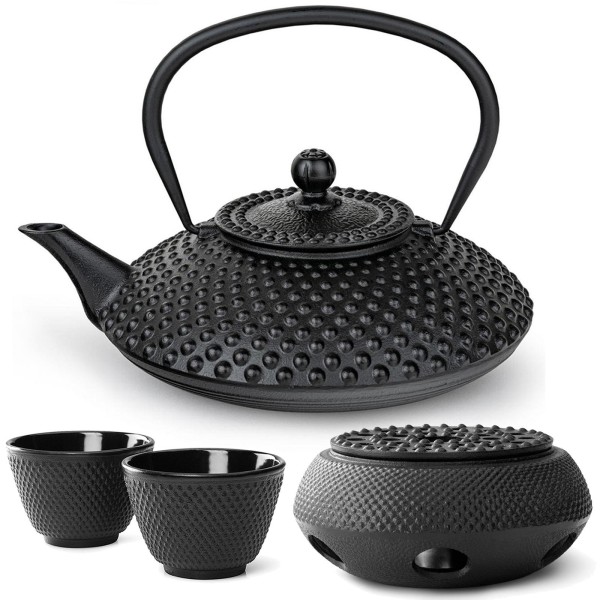 Bredemeijer Teekannen Set Gusseisen schwarze 1.25 Liter Kanne Induktion mit Stövchen & Teebecher 2