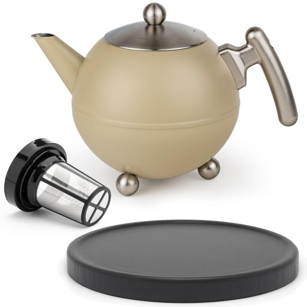 Bredemeijer Edelstahl Teekanne 1,2 Liter doppelwandig sandfarben inkl. Teefilter & Holz-Untersetzer schwarz
