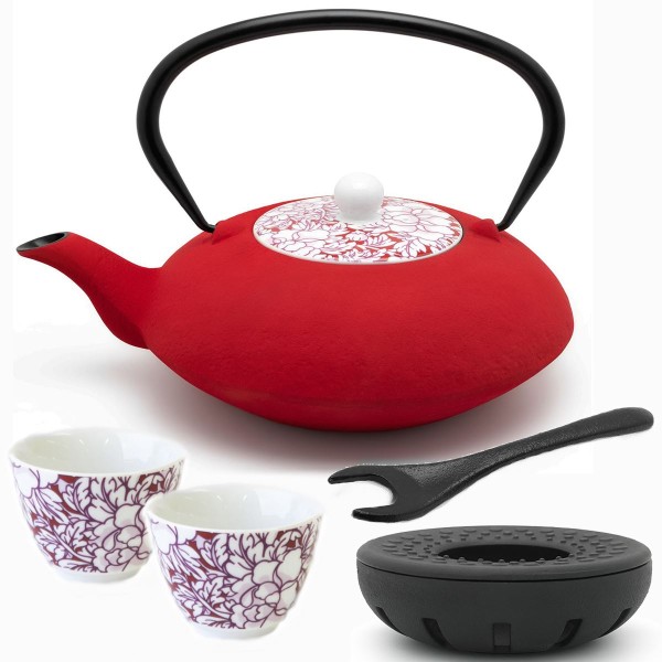 rote gusseiserne Teekanne 1.2 Liter asiatisch Stövchen Porzellan-Teebecher & Deckelheber 2 Stück