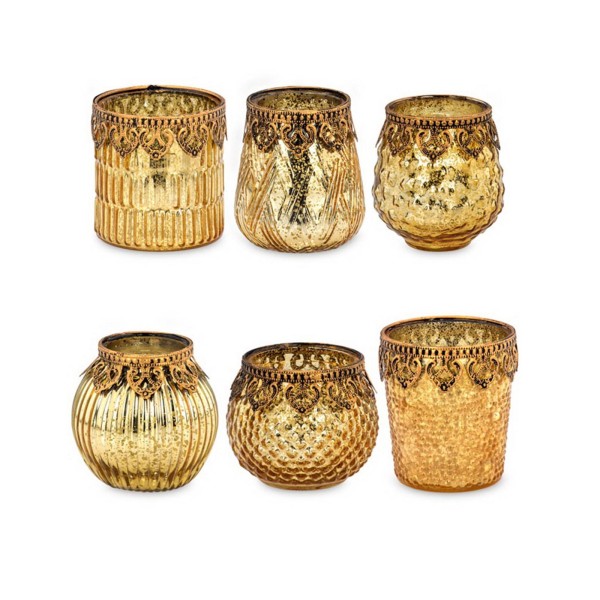 6 teiliges goldenes Teelichthalter Set Rand verziert mit Perlen - Art.-Nr. 5335-6ver