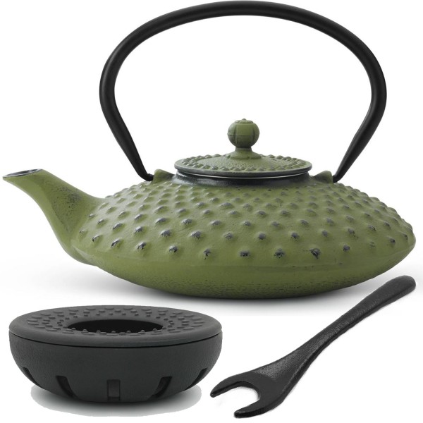 grünes asiatisches Teekannen Set Gusseisen Xilin & Teewärmer & Deckelheber 0,8 Liter