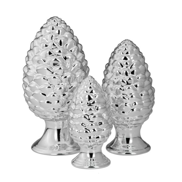 Deko Tannenzapfen auf Fuß ca. 22, 19 & 14 cm 3-teilig Porzellan Pinienzapfen silber glänzend