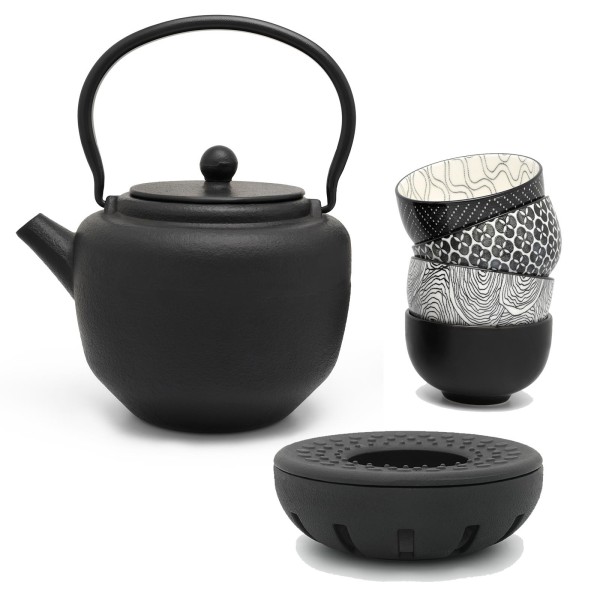schwarzes asiatisches Guss Teekannen Set 1.3 Liter mit 4 Porzellan-Teebecher und Teewärmer