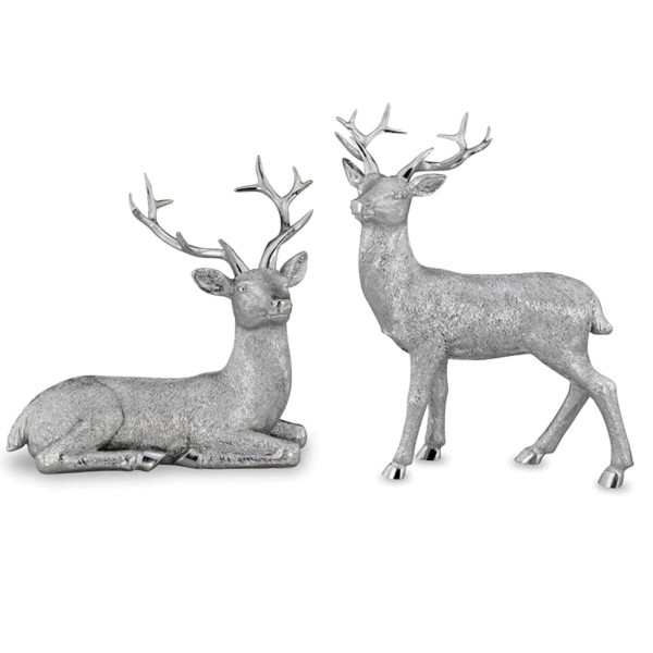 Deko Hirsch Paar liegend & stehend 2-teilige Kunststein Hirschfiguren in silberner Felloptik