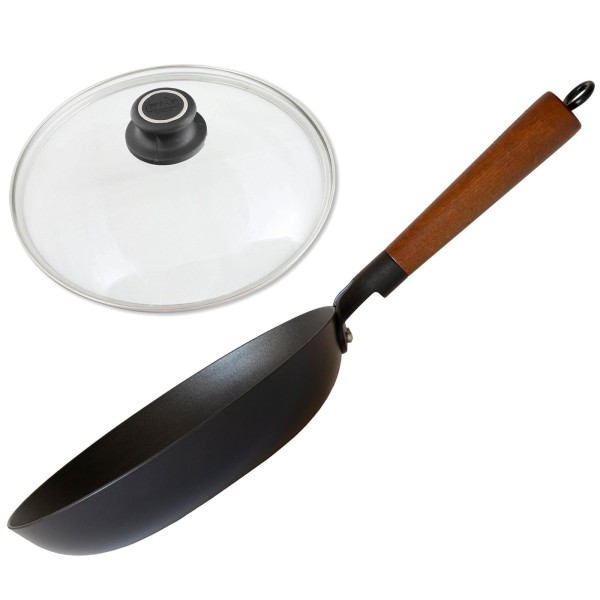 BAF große flache gusseiserne Bratpfanne 26 cm beschichtet mit Holzgriff & Deckel