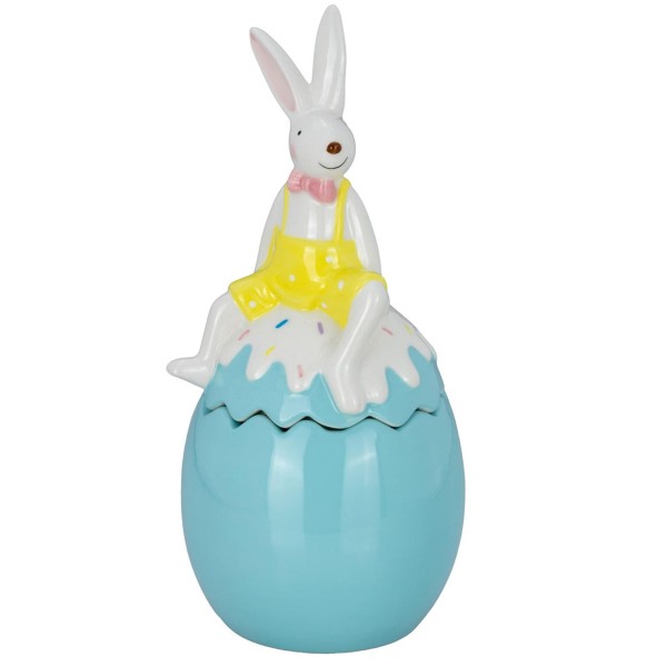 Kleine blaue Dose mit Deckel 11.6 x 11.6 cm aus Keramik & sitzendem Osterhasen