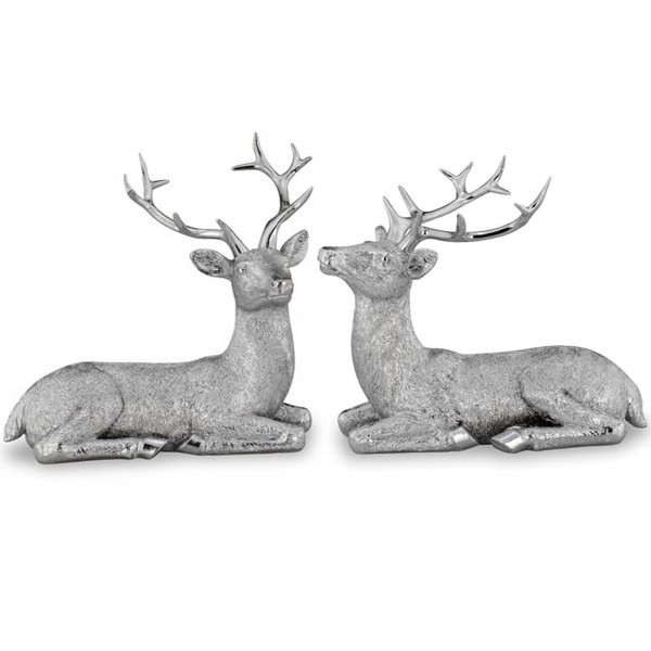 Deko Hirsch Figuren 2-teiliges Hirschpaar liegend Kunststein in silberner Felloptik