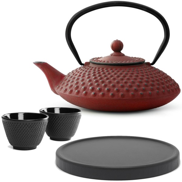Bredemeijer Gusseisen Teekanne 1250 ml rot Teekannen Set mit Holz Untersetzer & 2 Teebecher