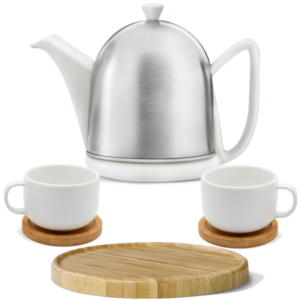 Bredemeijer weiße Teekanne matt Keramik Set mit Teetassen inkl. Untersetzer & Kannenuntersatz braun 2