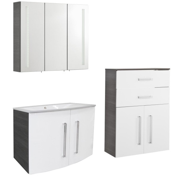 Fackelmann Badmöbel Set 4-tlg. Lugano weiß-anthrazit Midischrank & Gussbecken & LED Spiegelschrank