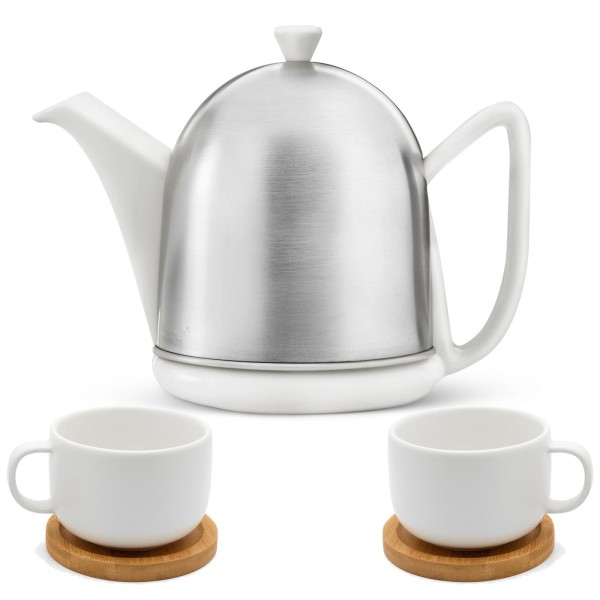 Bredemeijer weiße Teekanne matt Keramik Set mit Teetassen inkl. Untersetzer 2