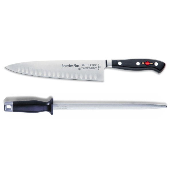 Dick Premier Plus Kochmesser 21 cm Kullenschliff & runder Standard Wetzstahl 30 cm