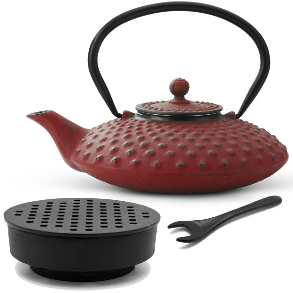 Bredemeijer rotes Asia Gusseisen Teekannen Set - Gusskanne mit gelochtem Stövchen & Deckelheber 0.8 Liter